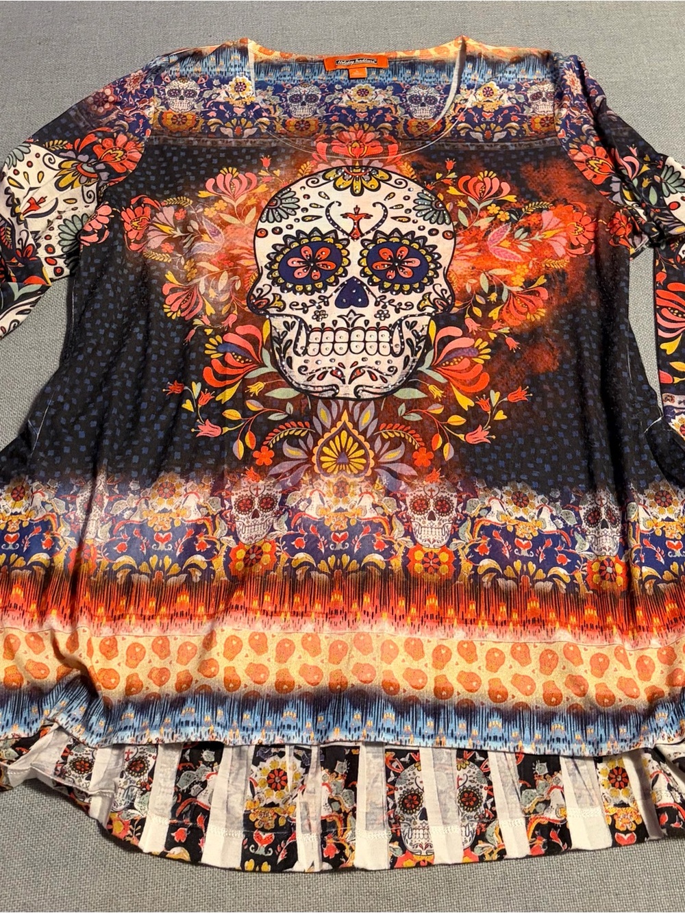 Holiday Editions Sugar Skull Floral Tunic in Black, Orange, Pink and Cream